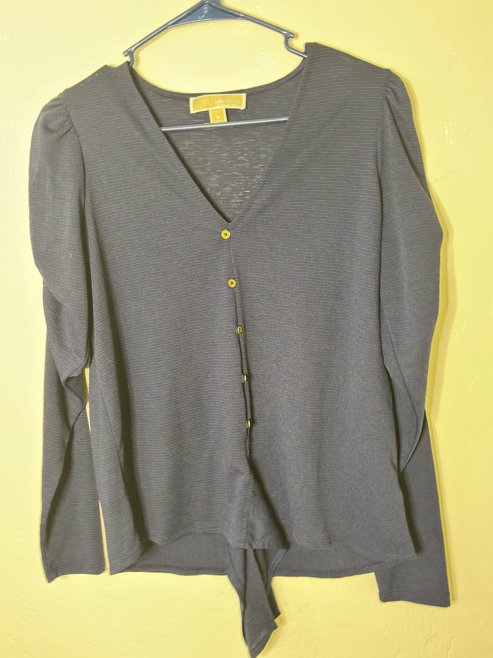 MICHAEL Michael Kors Black V-Neck Button Front Knit Top with Front Tie